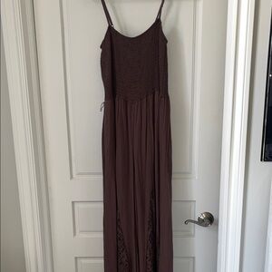 Brown Maxi Slip Jumpsuit with Lace Panels